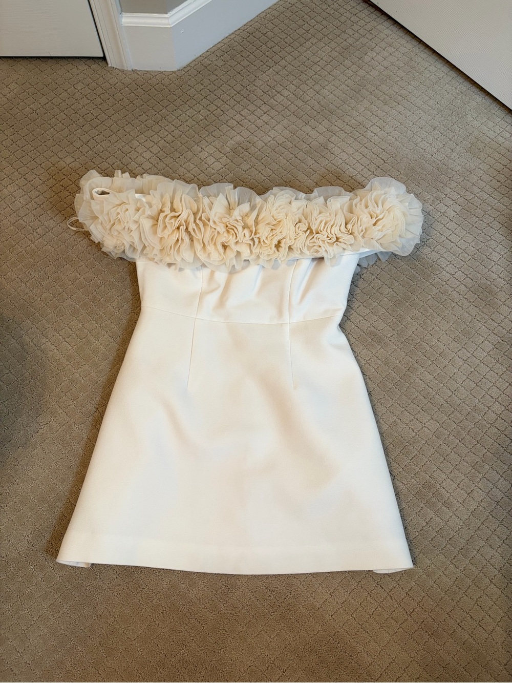 Off-Shoulder Cream Mini Dress with Floral Ruffle - Picture 2 of 4